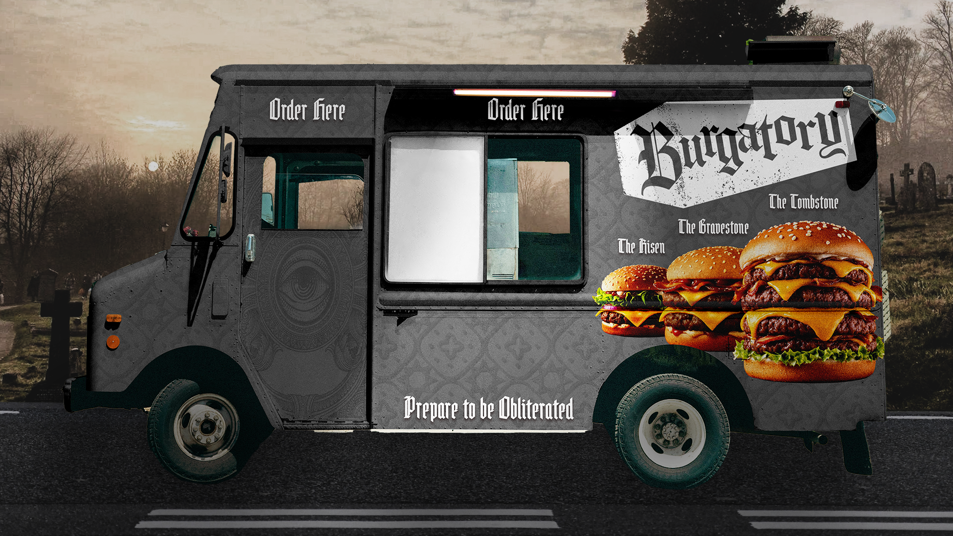 Burgatory food truck wrap with gothic lettering and stacked burgers, parked by a cemetery at dusk